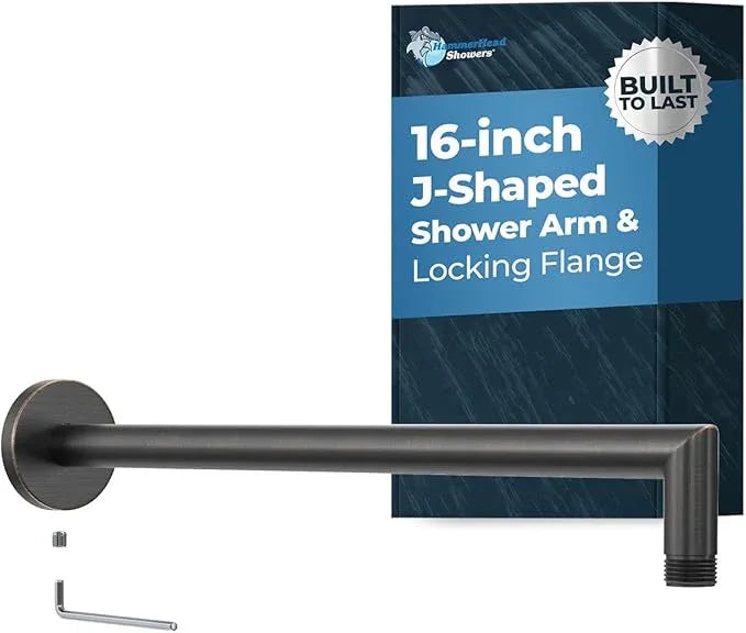 HammerHead Showers® Solid Metal 16 Inch Extended Shower Arm and Flange with Set Screw, Long Shower Arm, Extends Rain Shower Overhead, Wall-Mounted Rain Shower Arm, Oil Rubbed Bronze - ModernBath
