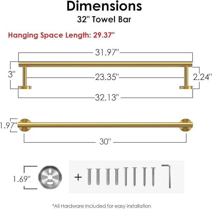 FORIOUS Towel Bar Wall Mounted, Stainless Steel Towel Racks for Bathroom, Includes Wall Mounting Hardware (Brushed Gold, 32 Inch) - ModernBath