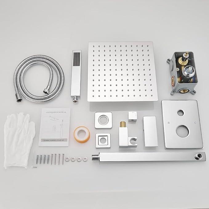 JingGang Polished Chrome Shower System 10 Inch Bathroom Luxury Rain Mixer Shower Combo Set Wall Mounted Rainfall Shower Head and Handheld System Shower Faucet Rough-in Valve Body and Trim Kit - ModernBath