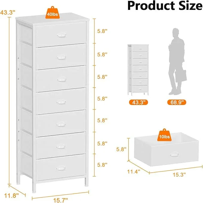 Furnulem White Tall Dresser for Bedroom with 7 Drawers, Vertical Chest of Drawer in Closet, Nightstand Storage Tower Unit Organizer with Fabric Bins for Dorm,Living Room,Entryway,Hallyway - ModernBath