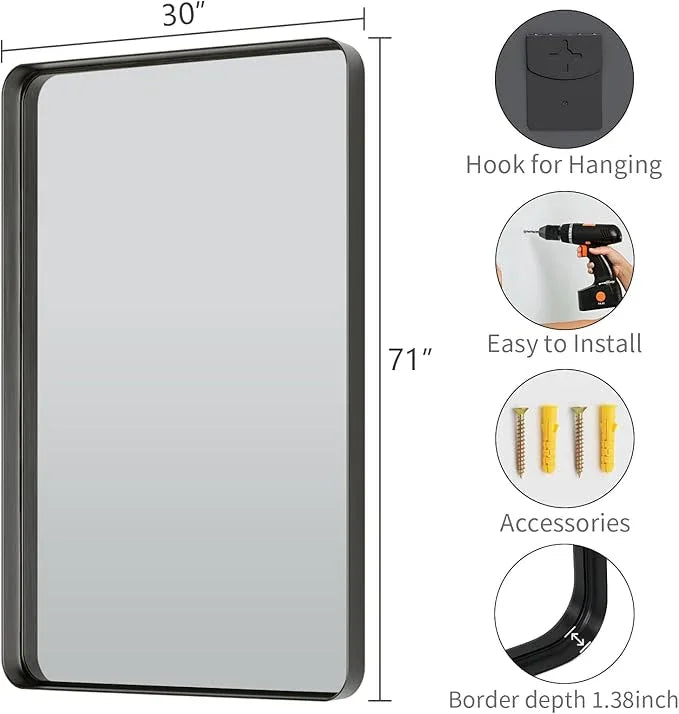 Koonmi Black Bathroom Mirror for Wall, 30x71 Inch Matte Metal Deep Framed Rounded Corner Wall Mirror, Shatterproof Tempered Glass for Farmhouse Bedroom Entryway, Vertically or Horizontally - ModernBath