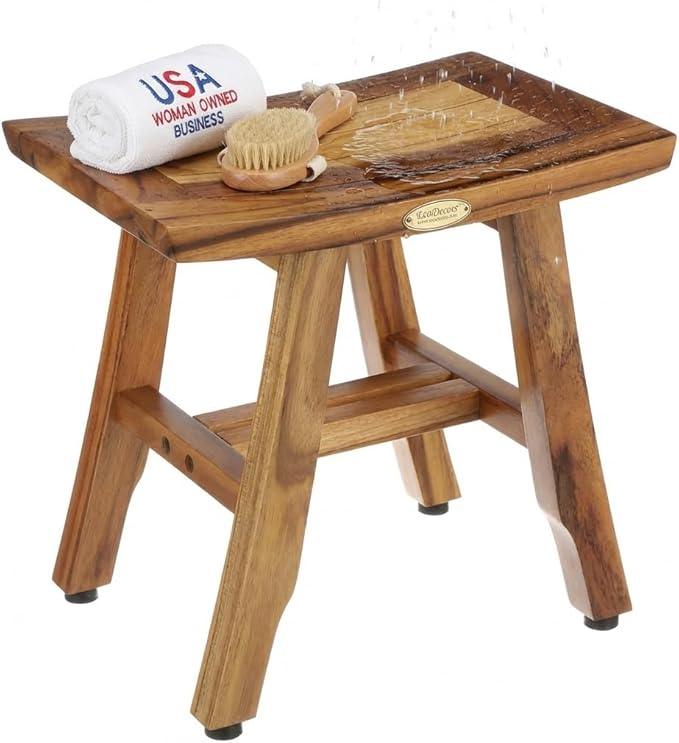 EcoDecors® Satori® 14" Solid Teak Shower Bench, Water-Resistant Bath Stool with Adjustable Feet, EarthyTeak Finish, Indoor/Outdoor Use - ModernBath