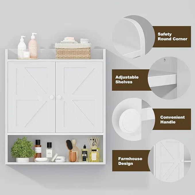 EasyCom Bathroom Cabinet Storage, Farmhouse Medicine Cabinet with Adjustable Shelves and Double Barn Doors, Over The Toilet Storage Cabinet for Bathroom, Kitchen, Living Room, White - ModernBath