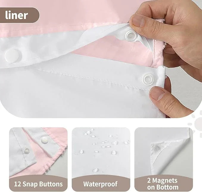 eachope no Hook Shower Curtain and Liner Set，Boho Style with See Through Top Window, Pink Fabric Tufted Striped Textured Outer Curtain & Waterproof Inner Liner, Pink, 71Wx80H - ModernBath