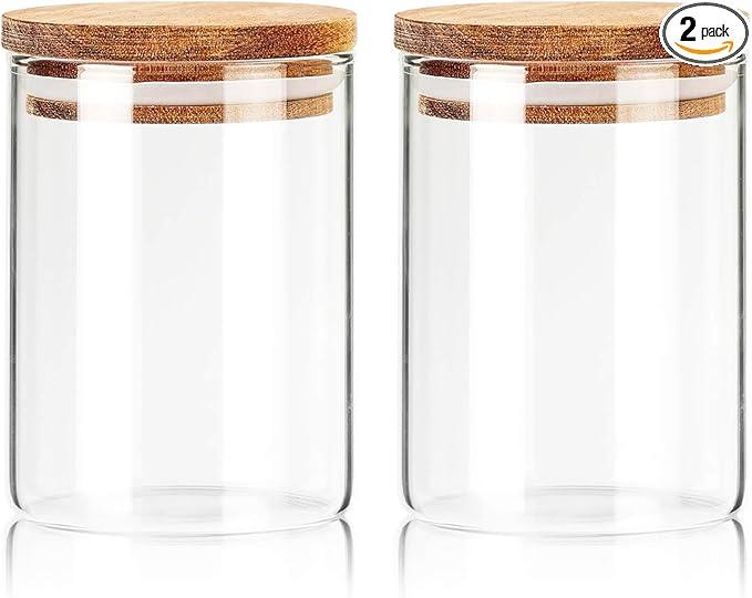 Labina Qtip Holder Glass Bathroom Organizer Storage Canisters with Wooden Lid, 10oz Jar for Cotton Balls Swabs Dispenser and Bathroom Essentials(2 Pack) - ModernBath