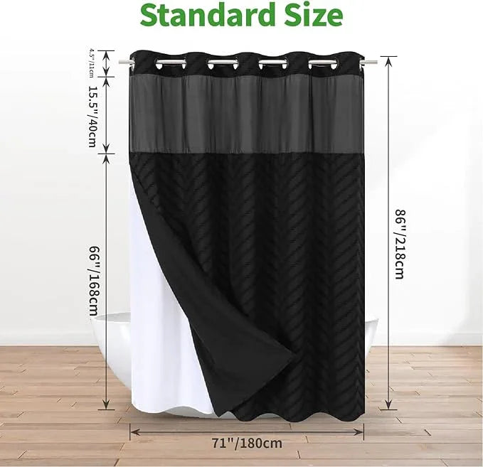 eachope Extra Long No Hook Tufted Chevron Striped Shower Curtain with Snap-in Fabric Liner set-71Wx86H(84H),Black Hotel Grade Boho Style Shower Curtain,Water Repellent - ModernBath