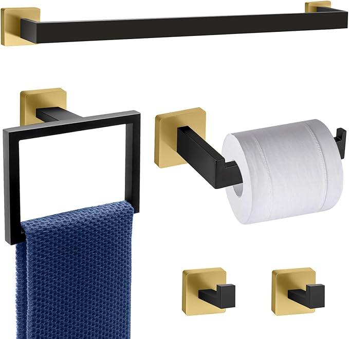 5 Piece Black and Gold Towel Bar Set - Gold and Black Bathroom Accessories with 2 Towel Hook, Stainless Steel Wall Mounted Bathroom Towel Rack Set - Square 16-Inch - ModernBath