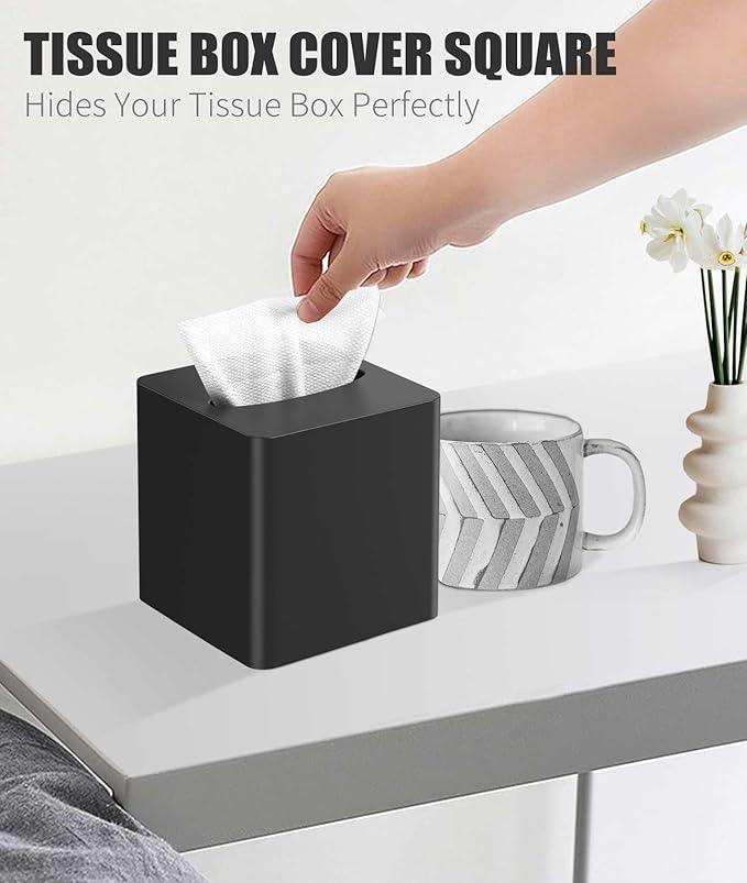 Livelab Tissue Box Cover Square - Oak Wood Tissue Box Holder for Living Room, Dinner Table, Bathroom, Office - Decorative Wooden Cube Facial Tissue Cover for Modern Farmhouse Home Decor | Black - ModernBath