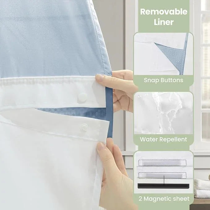 Inhousolu Extra Long No Hook Shower Curtain with Snap in Fabric Liner Set Waffle Weave 230GSM Weighted Hem, Waterproof & Washable Bathroom Curtain Spa Luxury with Mesh Top Window 72"W x 84"L Fog Blue - ModernBath
