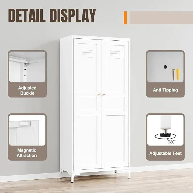 Yizosh Metal Storage Cabinet with 2 Doors and 4 Adjustable Shelves - 61" White Kitchen Pantry Storage 5-Tier Tall Steel Cabinets Locker for Kitchen, Living Room, Dining Room - ModernBath