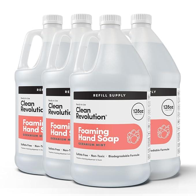 Clean Revolution Foaming Hand Soap Refill Supply Container, Ready to Use Formula, Gluten Free, Geranium Mint Fragrance, 128 Fl. Oz, 4 Pack - Made in USA - ModernBath