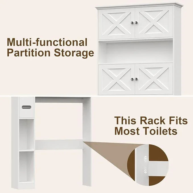 Over The Toilet Storage Cabinet, Farmhouse Storage Cabinet Over Toilet with 4 Barn Doors & Toilet Paper Holder Stand, White Toilet Shelf Home Space Saver for Restroom, Bathroom, Laundry - ModernBath