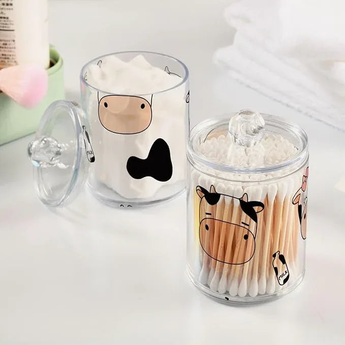 Tatenale Qtip Holder Bathroom Set Q tip Cotton Ball Swab Pad Dispenser Container Organizer Plastic Jars with Lids Storage 2Pack Cute Cow and Milk - ModernBath