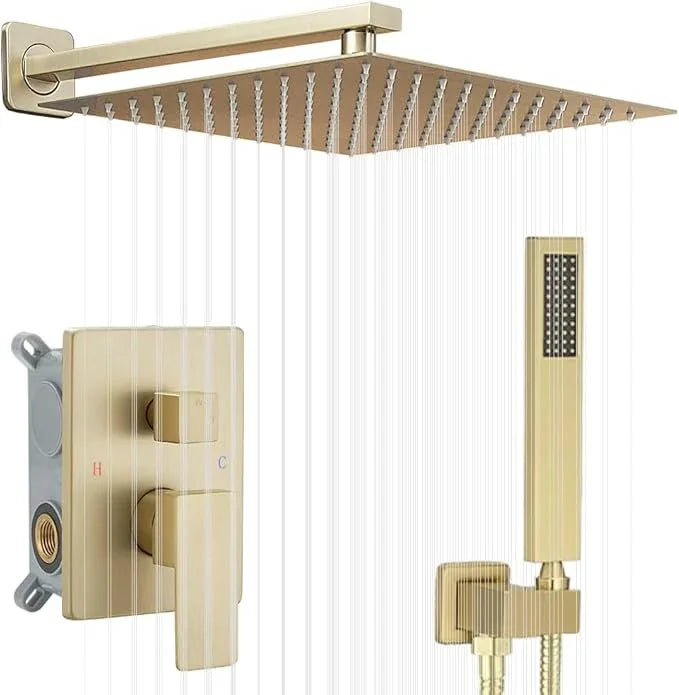 YCAIKOI Shower Faucet Set 16 Inch Wall Mount Rain Shower System, All Metal Shower Fixtures - Brushed Gold - ModernBath