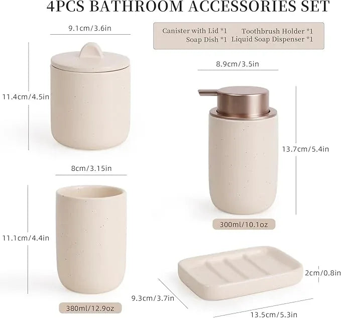 BosilunLife Ceramic Bathroom Accessories Sets Complete Bathroom soap Dispenser and Toothbrush Holder Set (Apricot-Liquid) - ModernBath