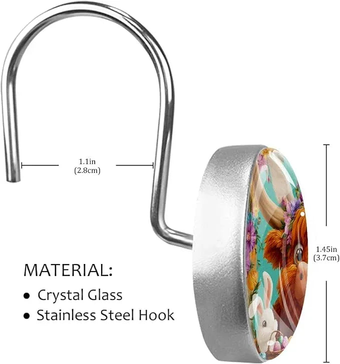 Easter Highland Cows and Flowers Shower Curtain Hooks Rings, Stainless Steel Rust Proof Shower Curtain Hooks, Decorative Shower Hooks for Bathroom Shower Rods Curtains, Set of 12 - ModernBath