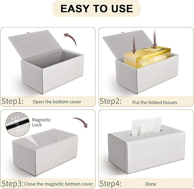KINGFOM Tissue Box Cover, PU Leather Rectangular Tissue Box Holder with Magnetic Bottom Cover for Facial Tissues/Napkins, Office & Living Room Decor Box (Ivory White) - ModernBath
