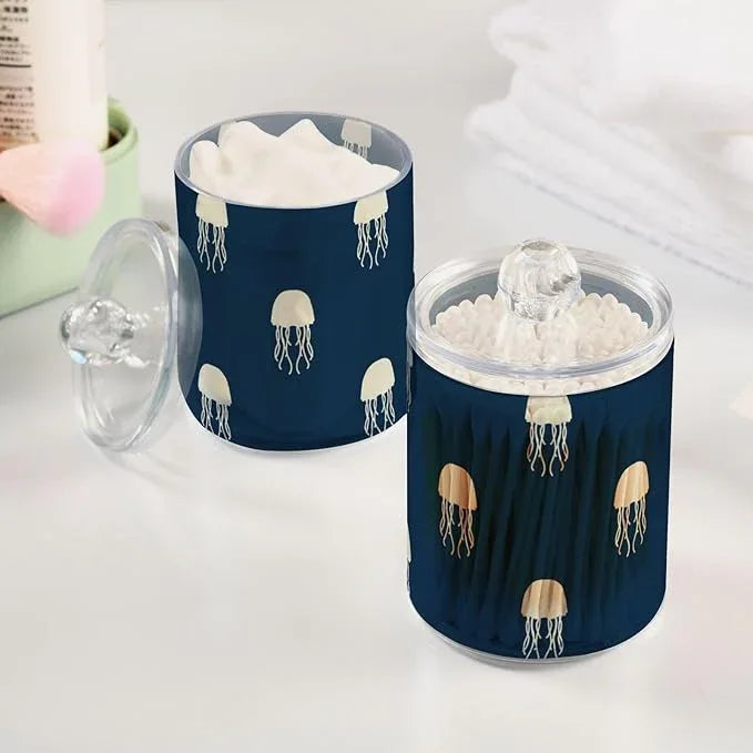 Qtip Holder Bathroom Set Q tip Cotton Ball Swab Pad Dispenser Container Organizer Plastic Jars with Lids Storage 2Pack Watercolor Sea Octopus Beige - ModernBath