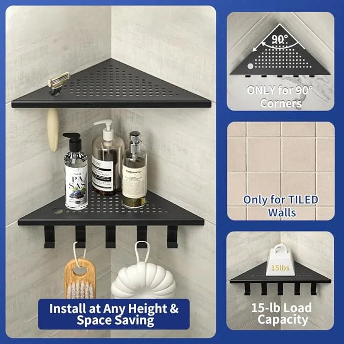 Grout in Shower Shelves with Hooks, 304 Stainless Steel Corner Bathroom Shelf for Tiled Wall (Matte Black, 10'' x 10'') - ModernBath