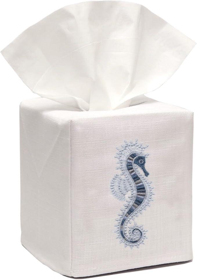 Jacaranda Living Square Tissue Box Cover, Linen/Cotton Fabric Tissue Holder, Decorative Cloth Tissue Cube Cover, Coastal Designs Seahorse, Blue - ModernBath