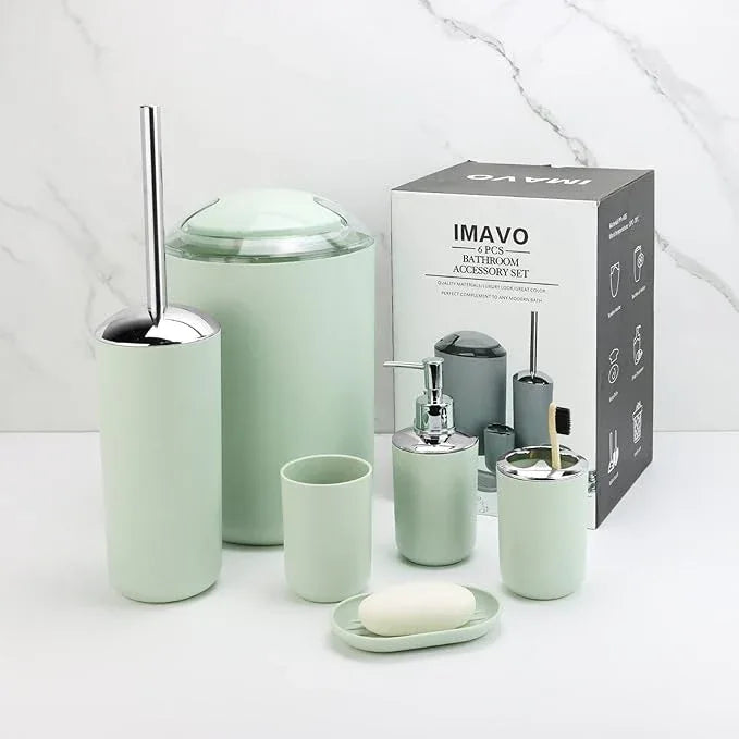 IMAVO Bathroom Accessories Set,Green Bathroom Set,7 Pieces Bathroom Accessory Set,Tray,Toilet Brush,Trash Can for Bathroom Décor and Housewarming Gifts - ModernBath