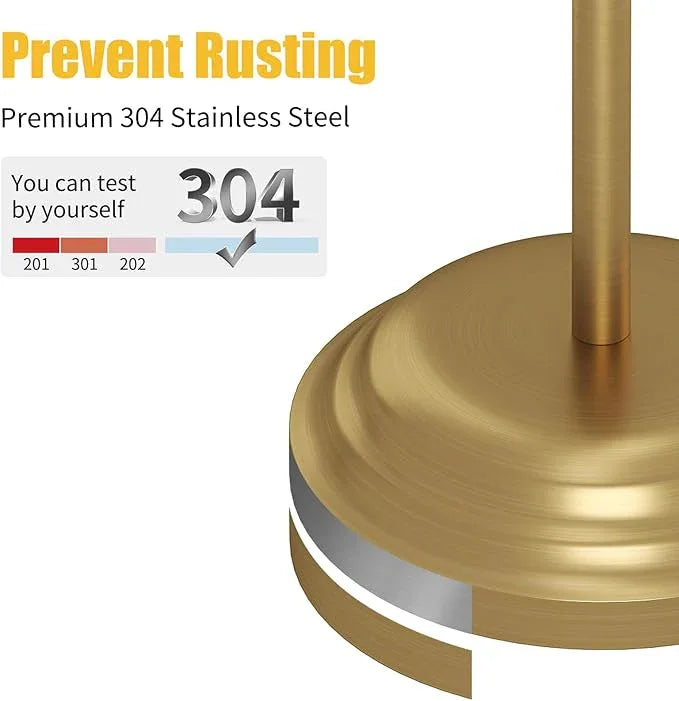 BESy Toilet Paper Holder Free Standing Bathroom Toilet Tissue Holder Stand for Floor Toilet Paper Roll Holder with Storage Hardware Accessories Rack Hand Towel Bar Brushed Gold Stainless Steel - ModernBath