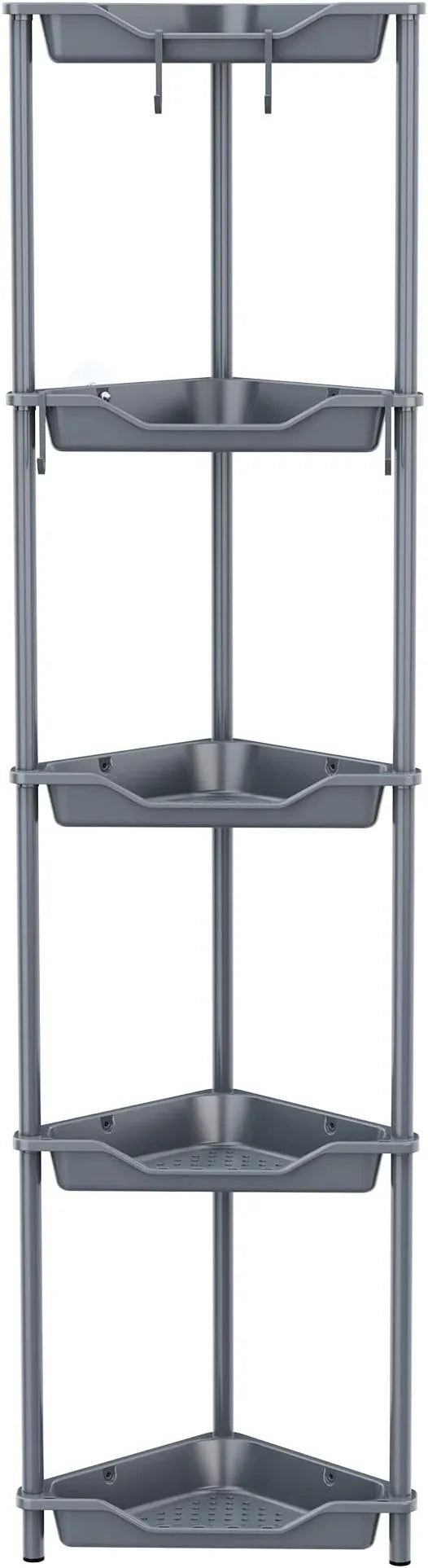 Orimade Rustproof 5 Tier Floor Standing Corner Shower Caddy Organizer, Plastic Metal Splicing Floor Corner Shelf Rack Stands for Bathroom, Grey - ModernBath