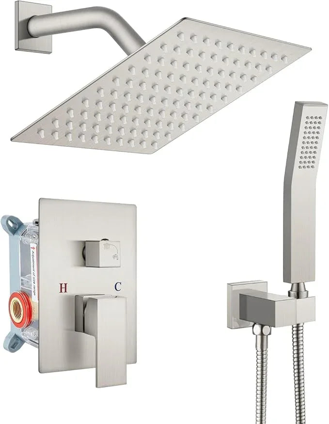 gotonovo Rainfall Bathroom Shower System Rain Shower Head and Handle Set Wall Mounted Shower Complete Combo Solid Brass Pressure Balancing Shower Mixer Valve 8 Inch Brushed Nickel - ModernBath