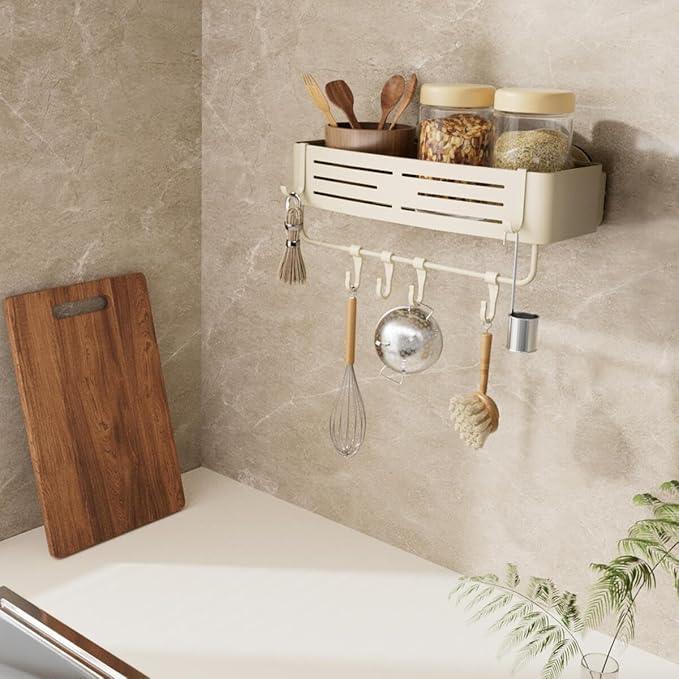 Onemake Aluminum Shower Caddy Suction Cup, No Drilling Bathroom Shower Shelf, Corner Shower Caddy with 6 Portable Hooks, Removable Bath Organizer with Towel Bar for Bathroom Storage(Cream White) - ModernBath