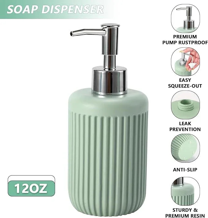 XLHOMO Resin Light Green Bathroom Accessories Set 5 Pcs, Lotion Soap Dispenser, Toothbrush Holder, Bathroom Tumbler, Qtip Holder and Vanity Tray, Bathroom Countertop Organizer Set for Modern Apartment - ModernBath