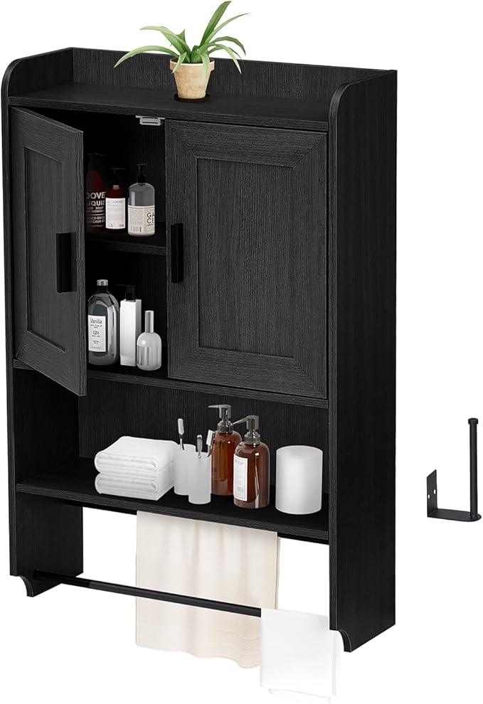 Bathroom Wall Cabinet, Wooden Medicine Cabinet Over the Toilet with Adjustable Inner Shelf, Wall Mounted Cabinet with Doors for Bathroom Storage, Hanging Cabinet for Wall with Towels Bar (Black) - ModernBath