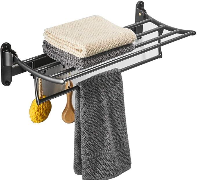 BESy 24 Inch Oil Rubbed Bronze Towel Racks, Bathroom Towel Shelf with Foldable Towel Bar Holder and Towel Hooks, Wall Mounted Multifunctional Bathroom Accessories, Double Towel Bars - ModernBath
