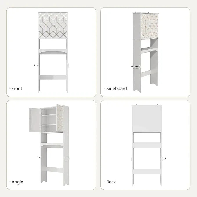 Over The Toilet Storage Cabinet with Gold Trim, Modern Bathroom Organizer Over Toilet with Adjustable Shelves and Toilet Paper Holder for Bathroom (White) - ModernBath