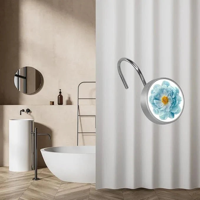12 Pcs Decorative Shower Curtain Hooks, Rust Proof Glass Surface Stainless Steel Rings for Bathroom Bedroom Kitchen Home Bath Room Rods Decor (Turquoise Peony Flower) - ModernBath