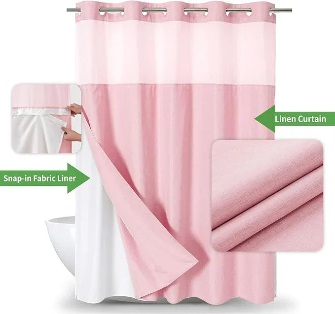 eachope No Hooks Needed Linen Textured Shower Curtain with Snap-in Fabric Liner Set,Hotel Luxury Decor Shower Curtains for Bathroom with Mesh Top Window,Waterproof & Washable,71Wx74H,Pink - ModernBath