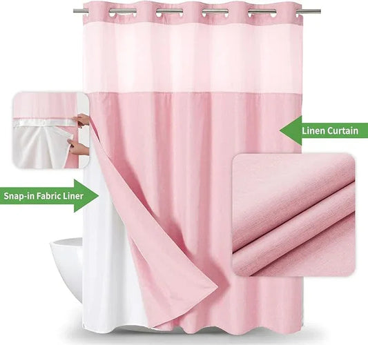 eachope No Hooks Needed Linen Textured Shower Curtain with Snap-in Fabric Liner Set,Hotel Luxury Decor Shower Curtains for Bathroom with Mesh Top Window,Waterproof & Washable,71Wx74H,Pink - ModernBath