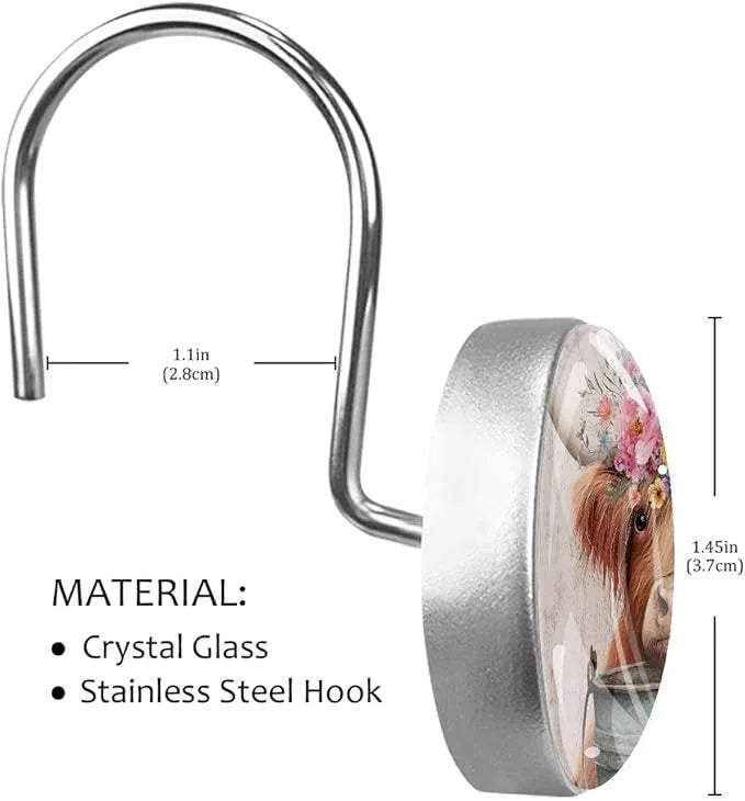 12 Packs Highland Cattle with Florals Decorative Shower Curtain Hooks, Stainless Steel Glass Shower Curtain Rings for Bathroom, Rustproof Metal Curtain Rod Hooks - ModernBath