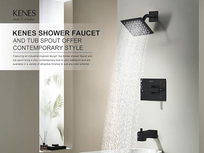KENES Tub Shower Faucet Set Complete, Matte Black Tub and Shower Trim Kit with 6-Inch Rain Shower Head, Square Shower System, KE-6025A-2 (Shower Valve Included) - ModernBath