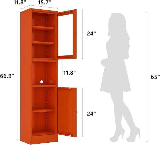 Metal Bathroom Storage Cabinet, 67" Tall Narrow Freestanding Floor Cabinet with Adjustable Shelves and Open Compartment, Slim Metal Locker for Laundry, Kitchen, Dining Room - ModernBath