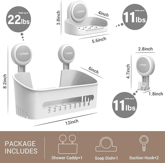 LUXEAR 4 Pack Shower Caddy Set - Suction Cup Shower Shelf+Soap Dish+Hooks - 1 Sec Installation NO-Drill Removable Powerful Waterproof Organizer