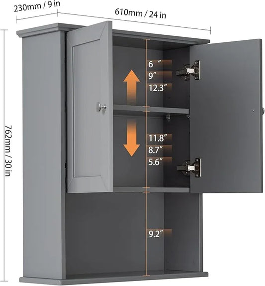 Grey Wall Mounted Bathroom Cabinet 24x30 Inch Wooden Over Toilet Storage Cabinet with 2 Doors, Above Toilet Medicine Cabinets for Bathroom Laundry Room Bedroom Kitchen - ModernBath