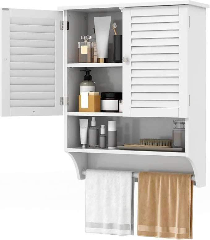 Tangkula Wall Mounted Bathroom Cabinet with Open Shelf & Bar, Medicine Cabinet with Double Louvered Doors, Wall Storage Cabinet with Adjustable Shelf, for Bathroom Living Room Kitchen (White) - ModernBath