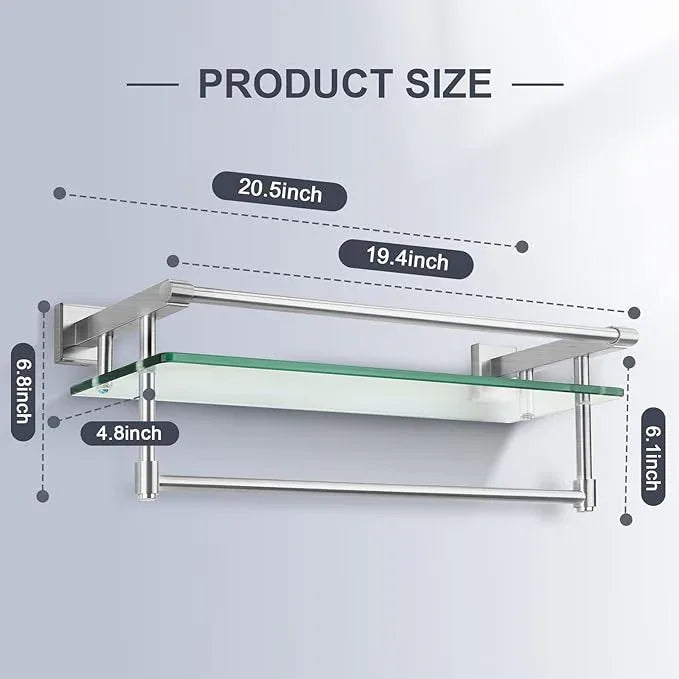 Glass Bathroom Shelf with Towel Bar, Stainless Steel Tempered Towel bar/Track Glass Bathroom Shelves Wall Mount Over The Toilet (Brushed Nickel, 20-inch) - ModernBath