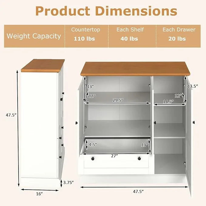 LOKO 47.5” Tall Buffet Cabinet with Storage, Modern Storage Cabinet with 3 Doors & 2 Large Drawers, Farmhouse Kitchen Pantry with Removable Shelf for Dining Room, Living Room, Home Bar - ModernBath