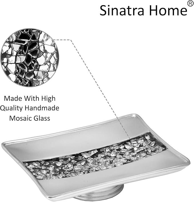 Zahari Home 4pc Sinatra Stylish Bathroom Accessories Set Liquid Soap Dispenser, Tumbler, Tooth Brush Holder and Soap Dish Modern Classic Luxury Decor Bling Mosaic Glass Silver Bathroom Accessories - ModernBath