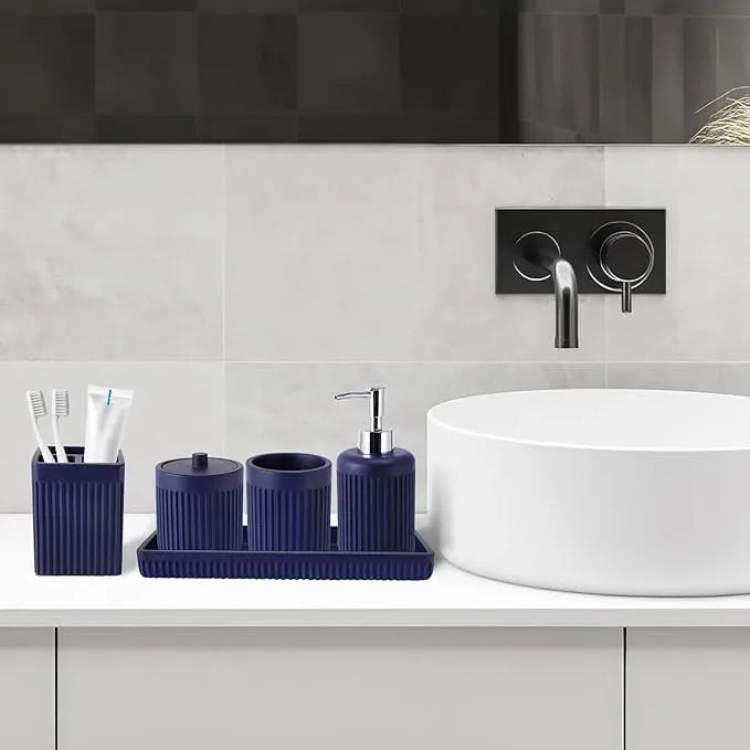 XLHOMO Resin Navy Blue Bathroom Accessories Set 5 Pcs, Lotion Soap Dispenser, Toothbrush Holder, Bathroom Tumbler, Qtip Holder and Vanity Tray, Bathroom Countertop Organizer Set for Modern Apartment - ModernBath