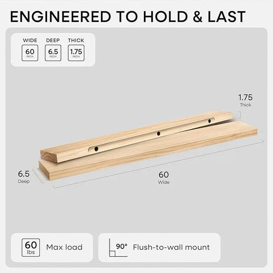 Homeforia 60 inch Natural Floating Shelf, High End Solid Real Wood 60inch Small Floating Shelves for Wall Mounted, Natural Wooden Floating Shelves, Heavy Duty Bracket, 60 X 6.5 X 1.75 in, Set of 3 - ModernBath