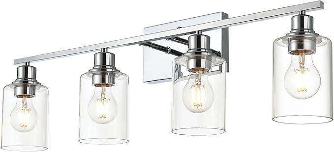 VINLUZ Vanity Light Fixtures,4-Light Indoor Modern Chrome Finish Bathroom Lighting Over Mirror with Clear Glass Shade Metal Base Wall Mounted Lamp for Vanity Table, Living Room - ModernBath