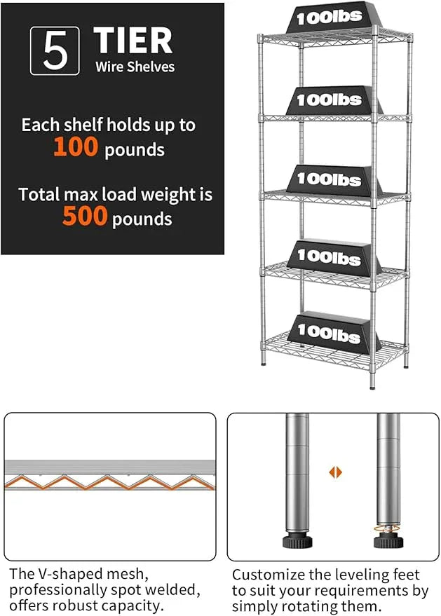 SINGAYE Shelf Wire Shelving Adjustable Storage Shelves Rack Standing Units for Kitchen Closet Laundry Bathroom Organizers Metal Pantry Narrow Mesh Gaps 12" D x 22" W x 59" H Gray - ModernBath