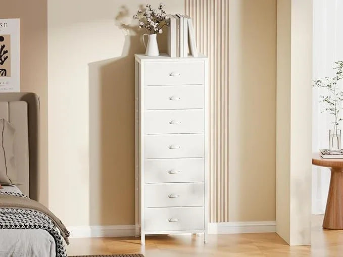 Furnulem White Tall Dresser for Bedroom with 7 Drawers, Vertical Chest of Drawer in Closet, Nightstand Storage Tower Unit Organizer with Fabric Bins for Dorm,Living Room,Entryway,Hallyway - ModernBath